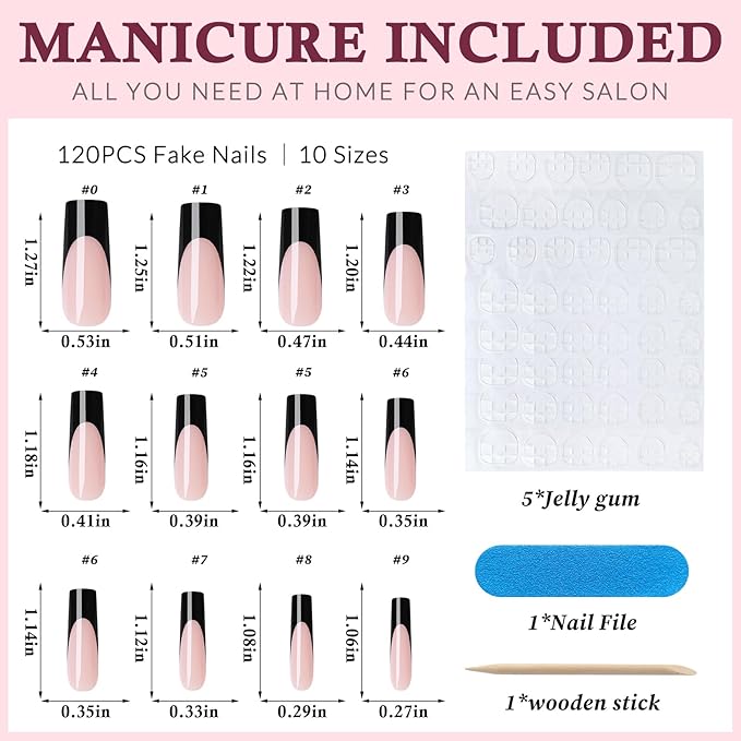 120PC Black French Tip Press on Nails Long Fake Nails Press ons with 5*Adhesive Tabs, Pink Square Acrylic Nail Press on Nail French Tip Nails False Artificial Fingernails Stick on Nails-C