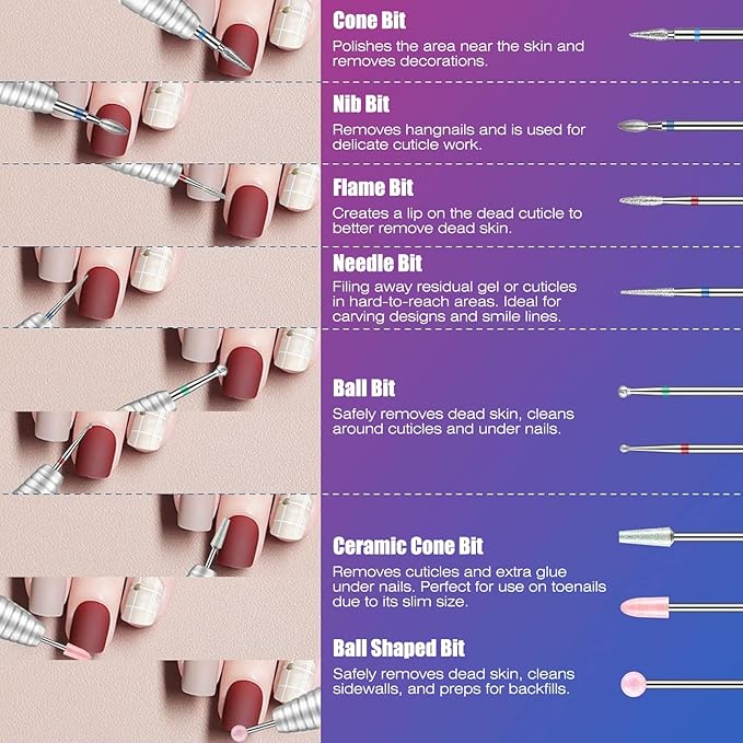 Nail Drill Bits Set with Storage Case: 30pcs 3/32 Inch Carbide Diamond Ceramic Professional Salon Kit for Acrylic Nails, Multi-Function for Women Nail Artists Manicure Pedicure (Purple)