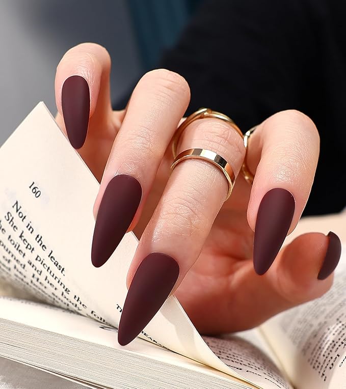 Morily 24pcs Fake Nails Matte Pure Color Medium Long Stiletto Almond Press on Nail False Tips Artificial Finger Manicure for Women (Wine Red)