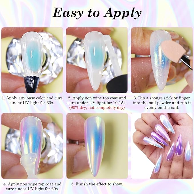 Unicorn Chrome Nail Powder 1g Mermaid Aurora Metallic Mirror Effect Pearl Glitter Pigment for Nails, White Iridescent Nail Chrome Powder for Gel Nails Polish Design with Tool