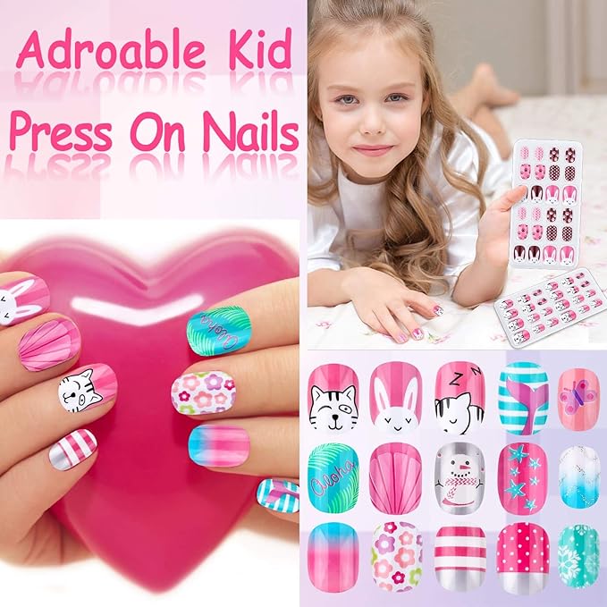 Kids Press on Nails, Thrilez 144Pcs Girls False Nails Children Artificial Fake Nail Tips Pre Glue Stick on Short Nails Decoration Gift for Kids Teens Girls Age 7 12 (Colorful Days)