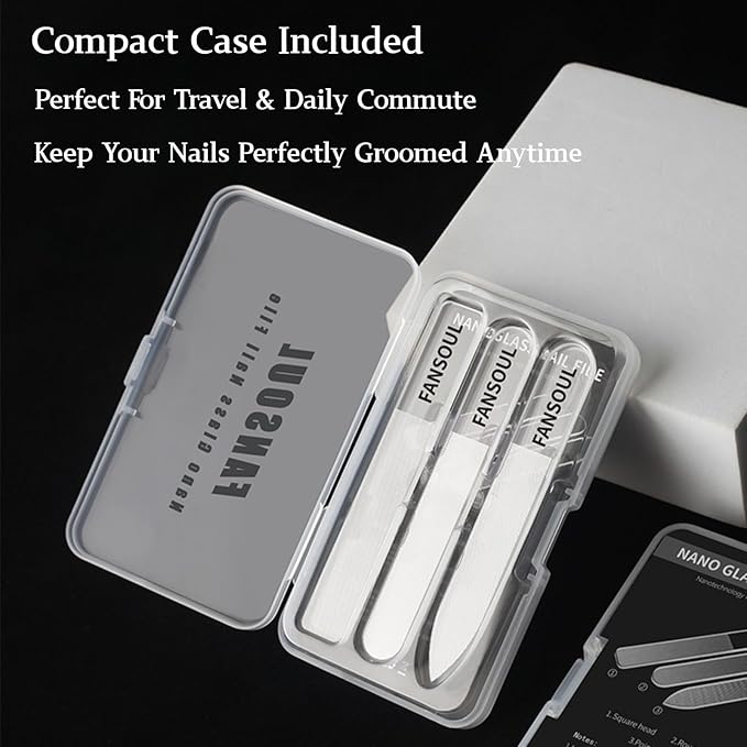 Nano Glass Nail File And Buffer 3 Pack Set for Natural Nails - Glass Nail Files with Round, Pointed, Square Heads for Shaping & Polishing, Manicure Tools for Healthy Nails, Gift Idea for Women