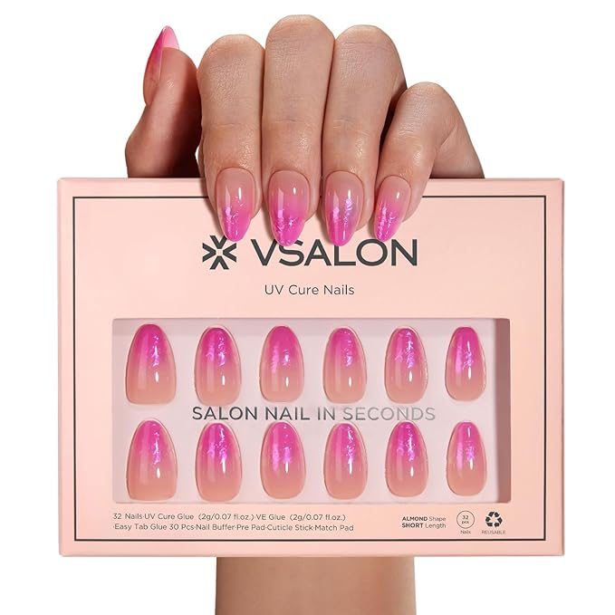 VSALON Almond Short Press On Nails, Hot Pink Aurora Ombre Light Curable Sheer Jelly Finish False Nails, Reusable Gel Glue on Nails Kit with Glue - 32 pcs in 16 Sizes