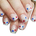 Independence Day Press on Nails Short Square Fake Nails with Red Blue Star Designs Glitter French Tip False Nails Pink Glue on Nail Reusable 4th of July Acrylic Nail for Women Girls Manicure 24Pcs