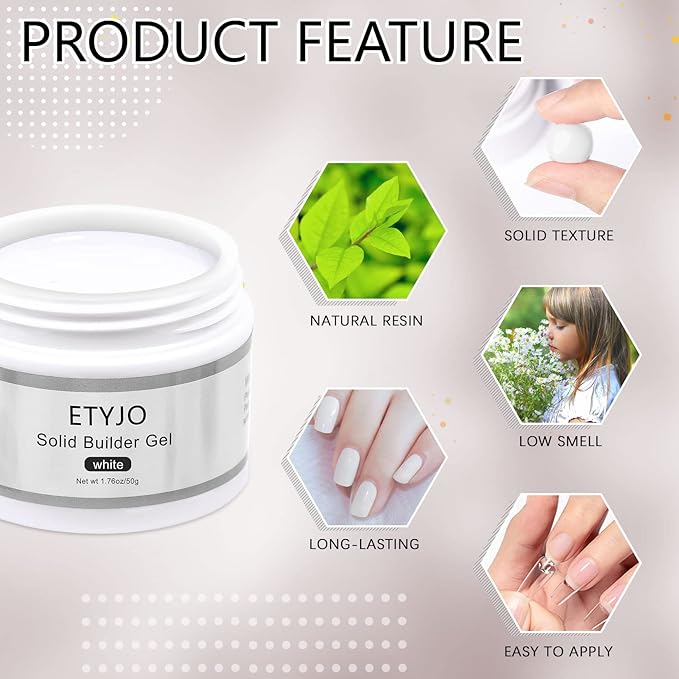 Solid Gel Builder for Nails 50g Large Capacity White Non-Stick Hand Extension 3D Carving Hard UV Gel for Nail Art Salon Home DIY