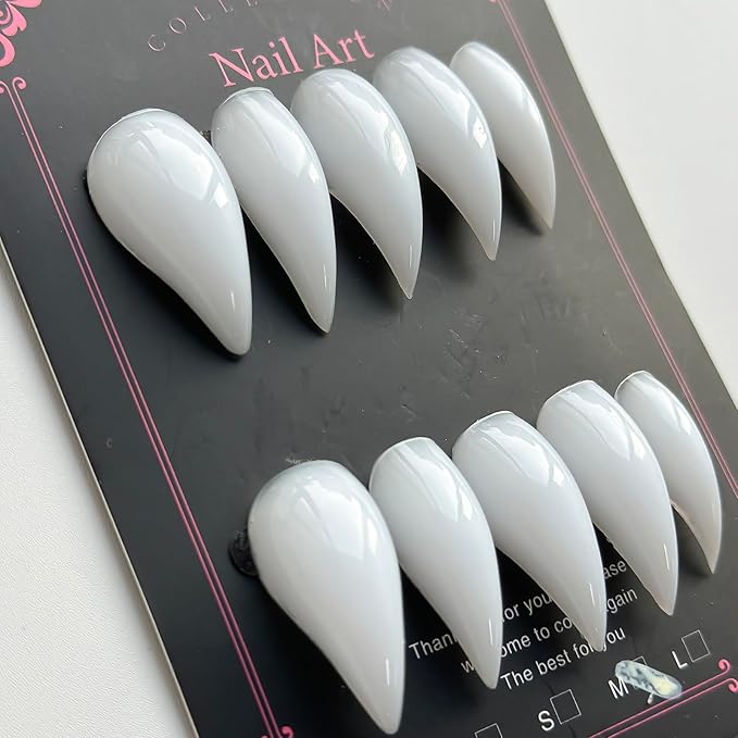 Luxury Press on Nails Medium Stiletto Handmade Eagle Claw Unique Reusable ABS Material White Fake Nails Cat Claw False Nails with Solid Colour Designs Glossy Glue on Nail Curved Thick Acrylic Nail(S)