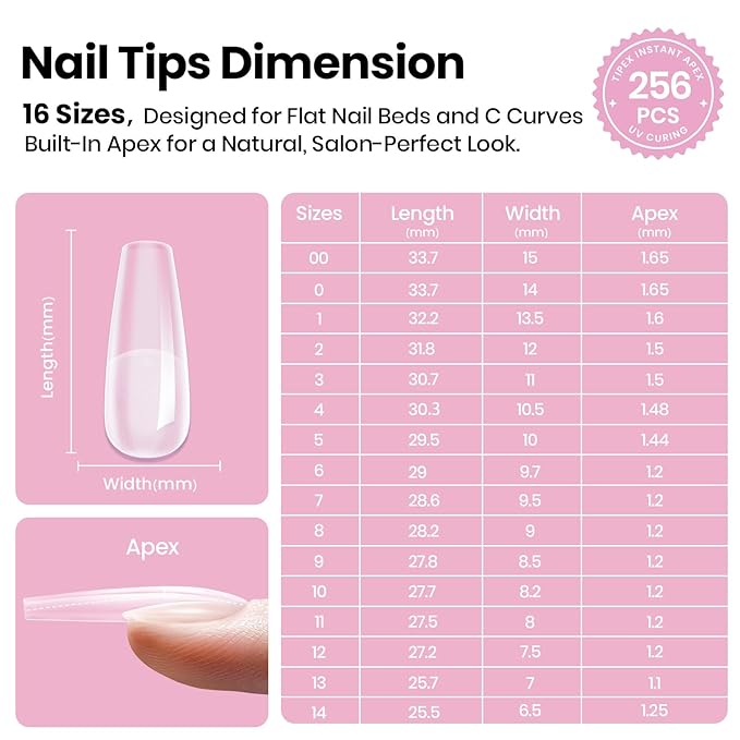 Beetles Tipex Lite Pre-Built Apex Gel Nail Tips, Coffin Long, 256pcs Value Pack, 16 Sizes, Flat-Nail Friendly Acrylic Tips for Natural Nail Beds, Easy for Beginner DIY