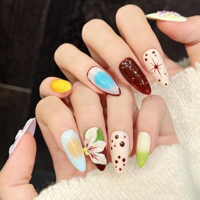 handmade nails press on Salon Quality gentle cute colorful beauty stereoscopic Reusable almond hand-painted gentle acrylic 3D fake nails designed kit,10 Nails, Size M #3333