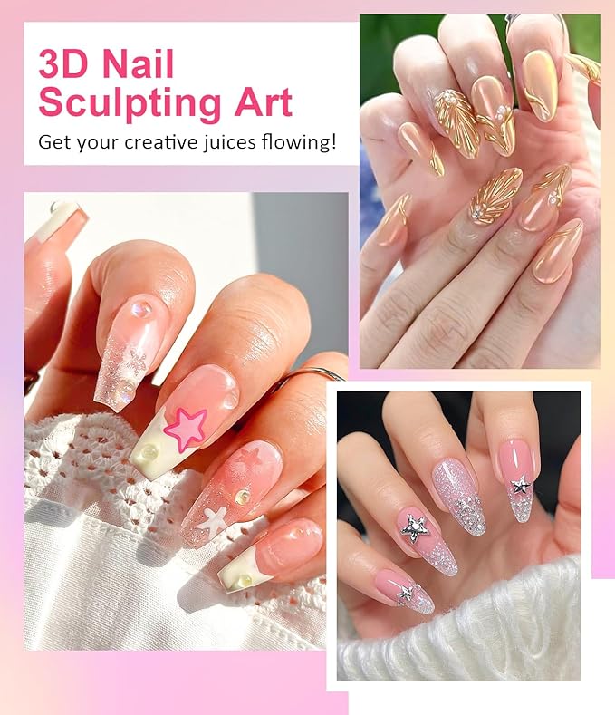 3D Gel Nail Art - Non-Sticky Sculpting Gel for Nails Clear Silver Aurora Solid Builder Nail Hand Carving U V/LED Extension Gels with 3D Mold Art Home DIY