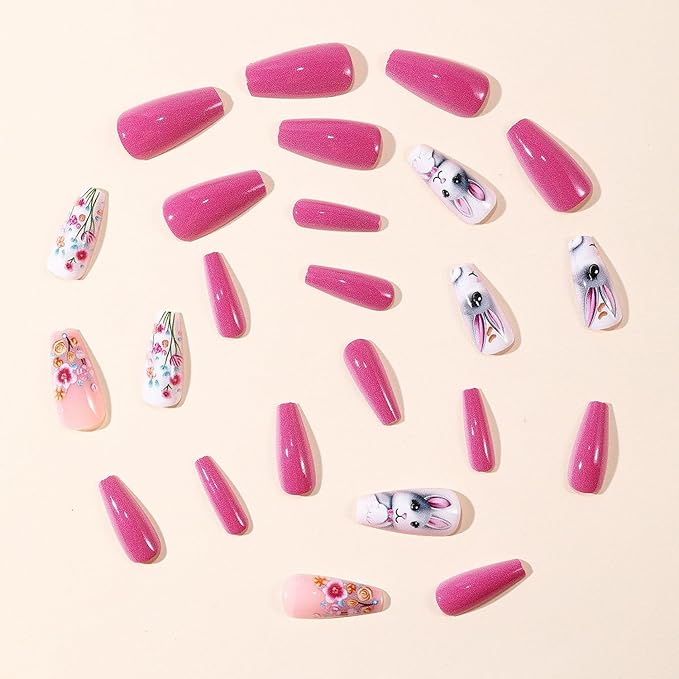 Easter Day Press on Nails Coffin Shape Fake Nails with Bunny & Flower Design Medium Length Rabbit Fake Nail Cute Easter Acrylic Nail Stick on Nails for Women Girl Nail Decorations 24 Pcs