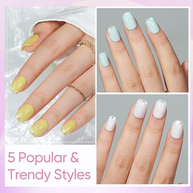 Press on Nails Short 5 Styles, Jofay Fashion 160Pcs Cat Eye Glitter French Tip Press on Nails for Women, Reusable Opaque Gel Fake Nails, Square Glue On Nails in 16 Sizes