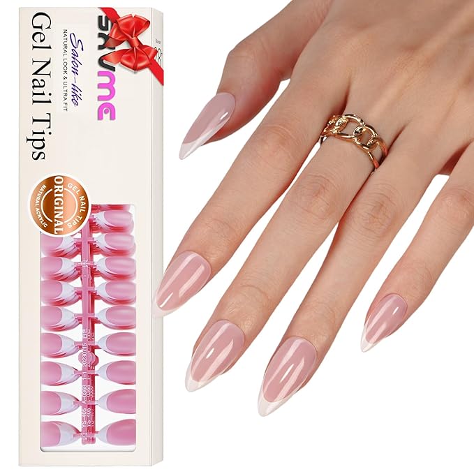 Gel X Medium Almond Press on Nails SXVME White French Nail Tips 300Pcs Pre-applied Tip Primer Natural Pink Fake Nails Extensions Gel X Nail Kit for Women Girls DIY