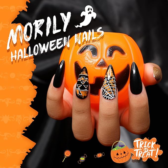 Morily Halloween Press on Nails 24Pcs Black Stiletto Fake Nails Medium Length with Pumpkin Spider Web Design Acrylic Artificial Glossy Almond Stick on False Nails for Women (Black Cobweb Gold Glitter)