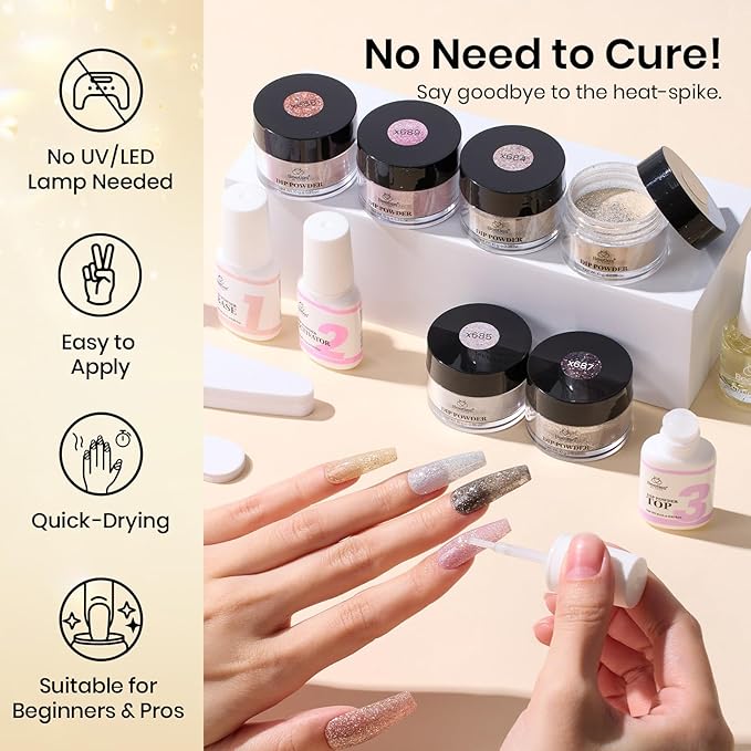Beetles Dip Powder Nail Kit, 6 Colors Dipping Powder Nude White Pink Grey Yellow Glitter with Base Top Coat Activator and Tools All Season for French Nail Art DIY Home Manicure Salon Luxury Radiance
