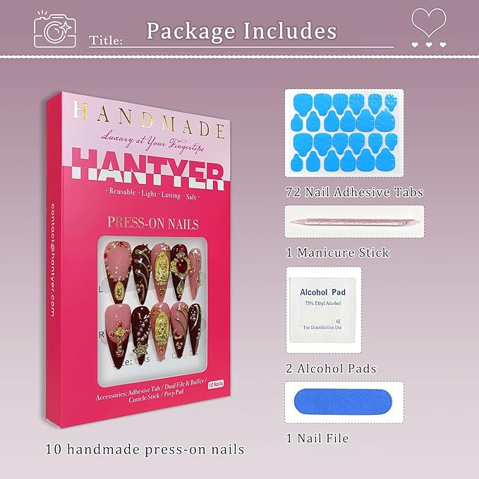 Pink & Red French Press on Nails with Gold Lines, Long Stiletto Glossy Vintage Fake Nails with Madonna Statue, Cross & Rhinestones, Reusable Religious Aesthetic False Nails (Size S)