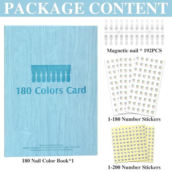 180 Magnetic Nail Color Book,Leather Magnetic Color Display Book with 192 Magnetic Tips & 1-180 Number Labels,Perfect for Nail Polish Nails Art Design(Blue)