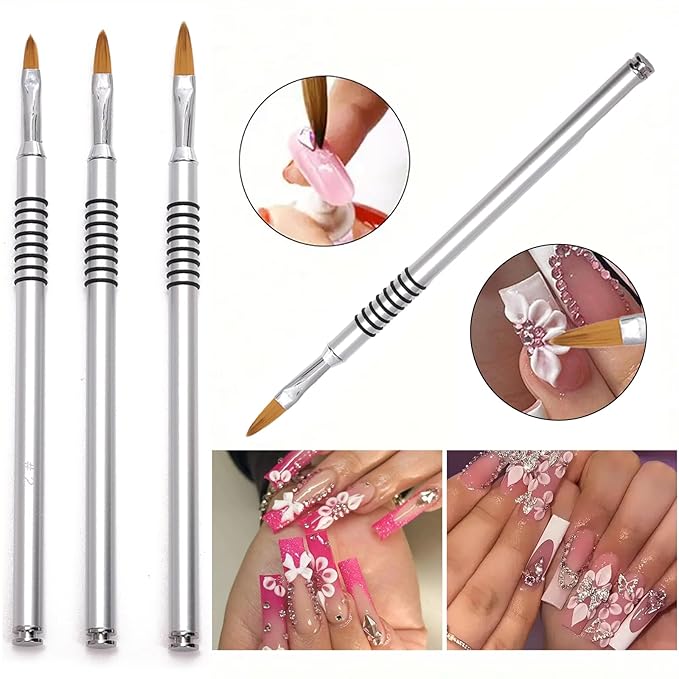 SILPECWEE 3Pcs Kolinsky 3D Nail Art Brush Set - Size 2/4/5#, Acrylic Nail Brush with Silver Metal Nonslip Grip Handle Polish Clean Up Manicure Sculpture Tools for Women Acrylic Application