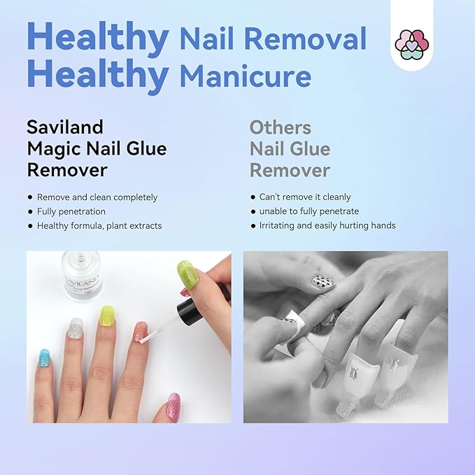 SAVILAND Nail Glue Remover: Quick Gel Glue Remover for Press On Nails Acrylic Removal Glue On Nails with Cuticle Pusher Castor Oil Vitamin E Manicure Fork Easy to Use Home Salon