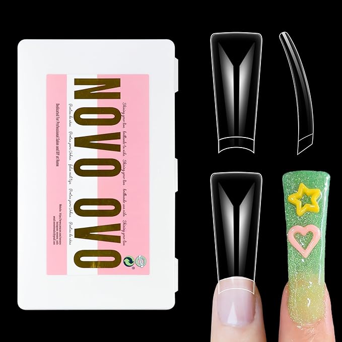 NOVO OVO XXL Long Duck Feet Nail Tips Half Cover for Acrylic, Clear Soft Gel No C Curve XXXL Extra Super Long Flare Y2K Wide French False Nail Extension x 11 Sizes in Box 308 pcs