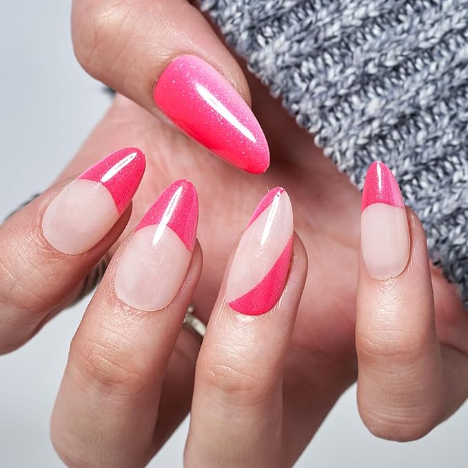 GLAMERMAID Pink French Tip Press on Nails Medium Almond, Nude Gel False Nals, Jump Color Stiletto Glossy Glue on Nails Kit for Women, Reusable Short Oval Stick on Acrylic Fake Nails Manicure Set