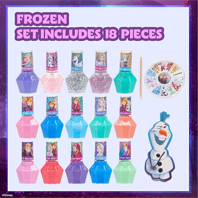 Disney Frozen Non-Toxic Peel-Off Nail Polish Set with Shimmery and Opaque Colors with Nail Gems for Girls Ages 3+, Perfect for Parties, Sleepovers and Makeovers, 18 Pc Set by Townley Girl