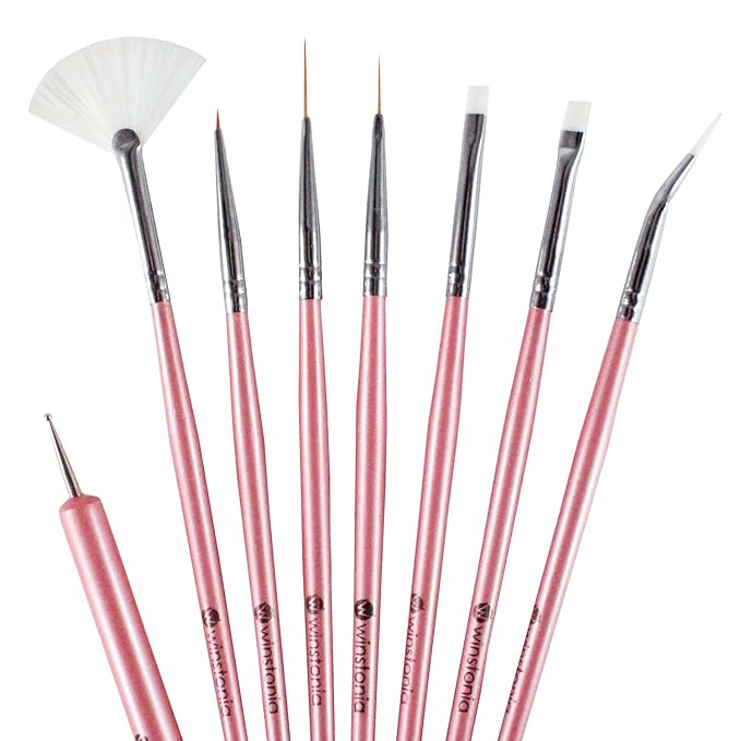 Winstonia 8 pcs Professional Nail Art Brushes Tools Kit Set - 'Glam Gadgets' Detailer, Liner, Dotter, Fan Brush, Striping Brush, Uv Gel Brush, Angular Brush