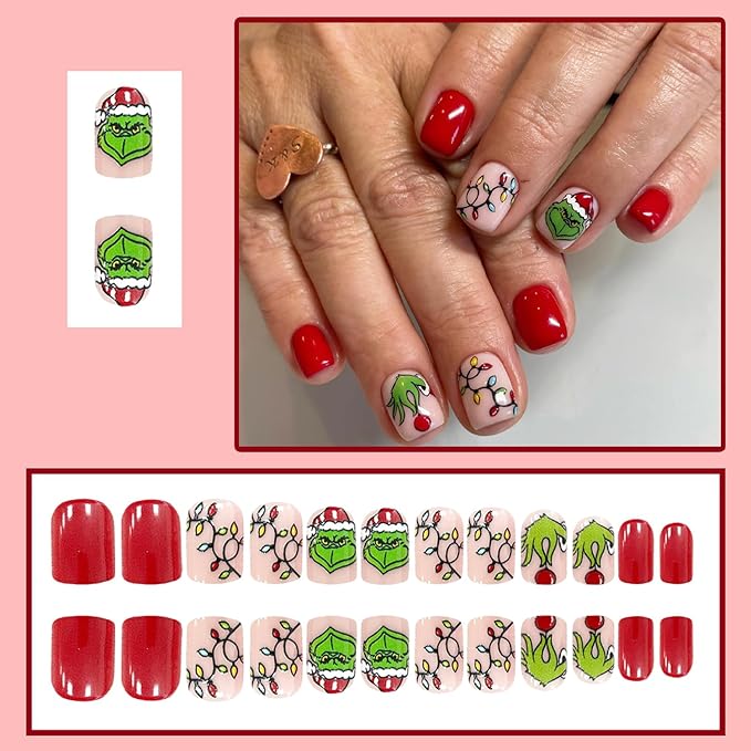 Christmas Fake Nails Short Square Petite Press on Nails Winter Xmas Acrylic Nails Full Cover False Nails with Green Monster Designs Cute Red Stick on Nails Gloss Artificial Nails for Women Manicure