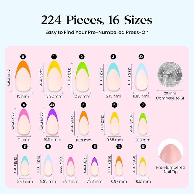 Beetles Summer Press On Nails 224 Pcs 7 Colors, French Tip Nails Medium Almond Classic Fake Nail Tips, Rainbow Soft Nail Gel False Nails Art DIY For Women
