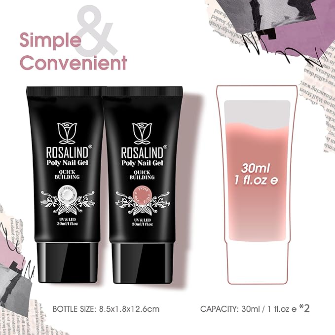 ROSALIND Nude&Clear Poly Extension Gel for Nails, 2 PCS 1oz/30ml Clear Nude Poly Builder Pink Gelfor Gel Nail Extension