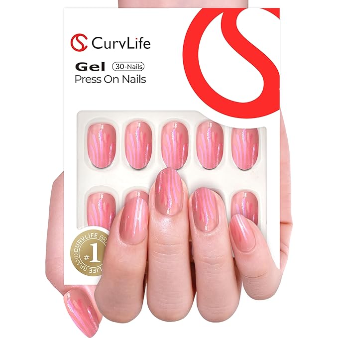 Curvlife Press On Nails Short Oval Pink - Glitter Drip Press on Nails with Glue, Pink Glitter Dripping Glossy Nude Fake Nails Long Lasting False Nail Tips for Women Girls