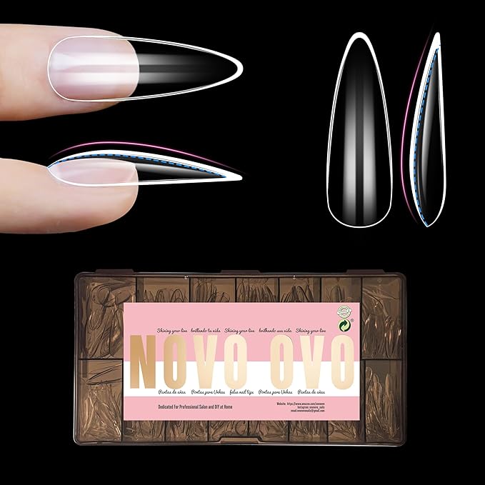 NOVO OVO Long Almond Nail Tips SCULPTED (Not NATURAL) for Curved Nail Beds, Extra Thick L Length False Nails Press on, Full Cover Soft Gel Fake Nail Extension, Salon DIY x 15 Sizes 450 pcs