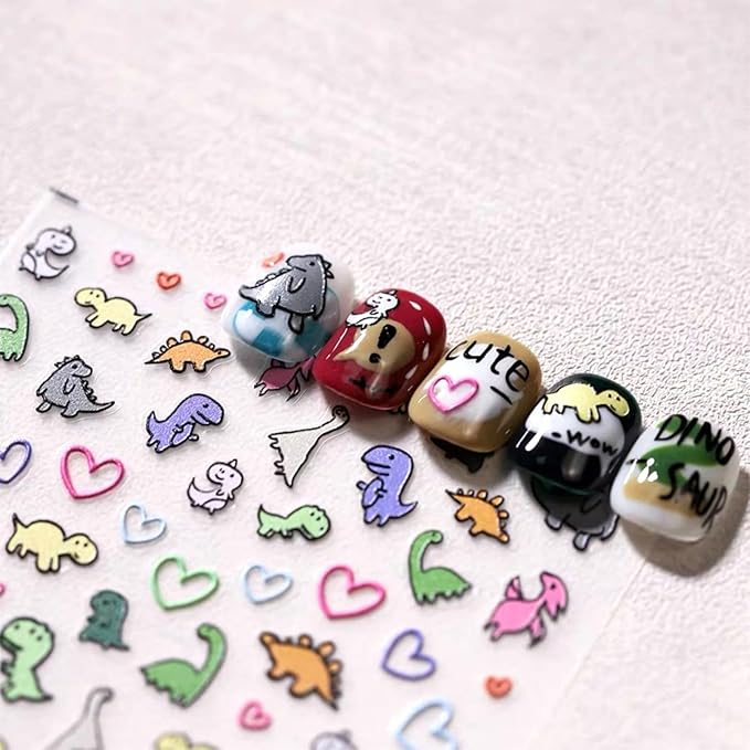 Dedyel 5D Embossed Cute Dinosaur Nail Art Stickers Cartoon Kawaii Design Anime Self Adhesive Nail Stickers for Women Kids Girls Nails Art Decorations