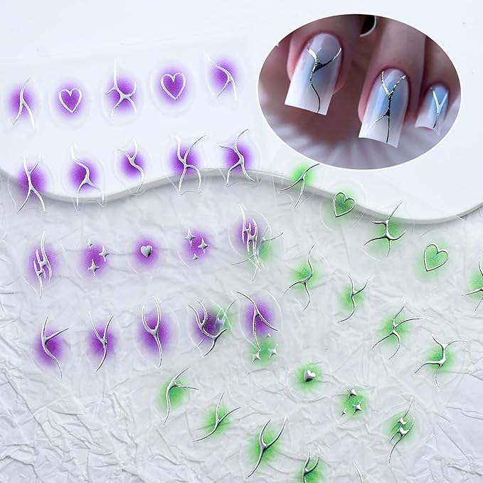 10 Sheets Silver Flame Nail Art Stickers, 3D Gradient Blusher Self-Adhesive Decals, Silver Line Heart Star Y2K Stickers for DIY Art Decoration - 10 Colors