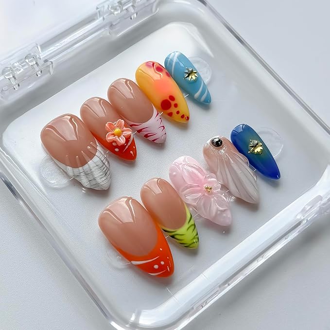 Luxury Press on Nails Medium Almond Handmade 3D Unique Reusable ABS Material Fake Nails French Tip False Nails with Designs Floral Shell Summer Glossy Glue on Nail Thick Acrylic Nail(S)