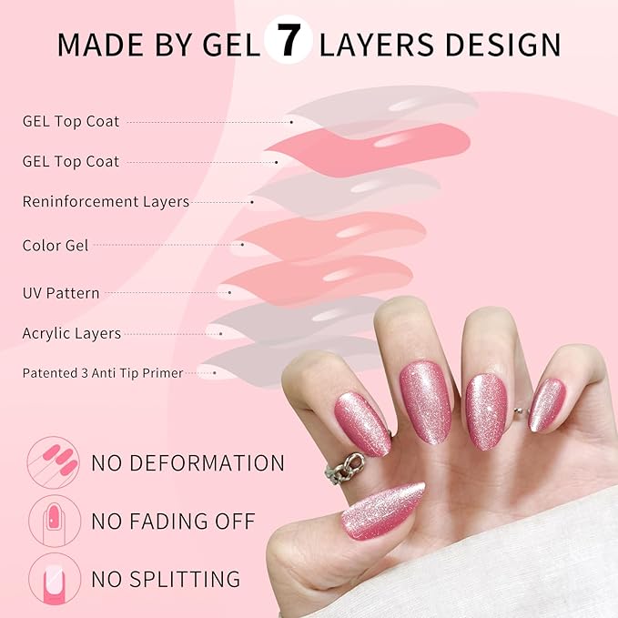 Pink Almond Cat Eyes Press On Nails,12 Sizes - 24 Pcs Soft Gel Pink Medium Fake Nails Kit with Nail Glue, Natural Reusable Stick On False Nails for Women and Girls SK1028
