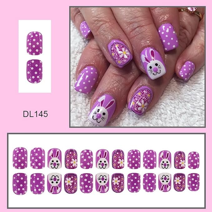 24 Pcs Easter Day Press on Nails Short Square Shaped Fake Nails with Cute Easter Bunny Designs Purple Flower White Dots False Nails Glossy Full Cover Acrylic Nails Stick on Nails for Women Nail Art