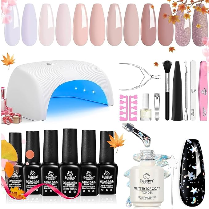 Beetles Gel Nail Polish Kit with Led Light Base Gel Top Coat, 6 Nude Neutral Colors, 15 ML