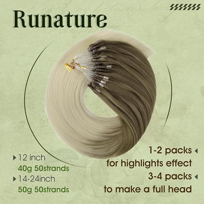 RUNATURE Microlink Hair Extensions Human Hair, Balayage Micro Bead Hair Extensions Real Human Hair for Women, Cold Fusion Pre Bonded Remy Hair, Natural Looking, Add Hair Volume, 16 Inch 50g 50s
