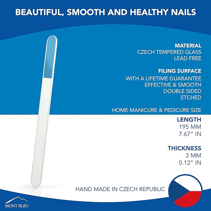 Mont Bleu Large Professional Glass Nail File - Genuine Czech Tempered Glass - Handmade in Czech Republic - Best Crystal Nail File for Natural Nails
