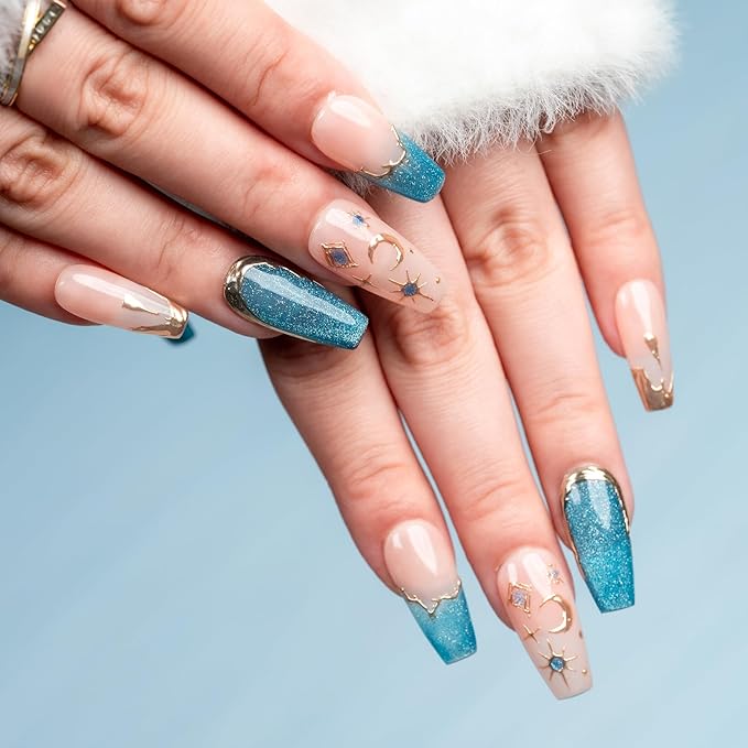 Sun&Beam Nails Handmade Press-On Medium Long Coffin Ballerina with Pink Blue Gold Color 3D Design Charm Cat Eye Cute False Nail Tips 10 Pcs (#82 S) (FN-HM-082-S.AU)