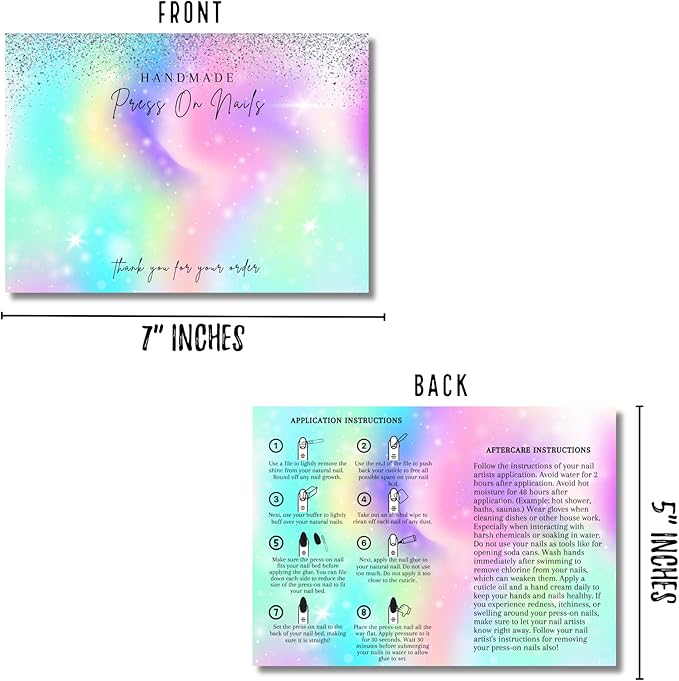 Lashicorn Handmade Press On Nails Display Card | 5x7” 30 pk w/Application Aftercare Instructions - Inserts Add To A Holographic Bags & Can Use With Double Sided Tape