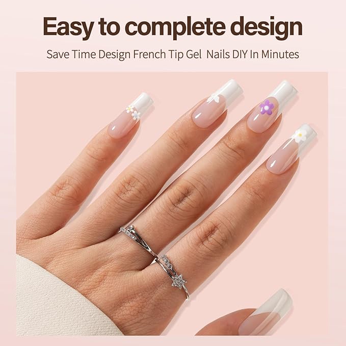 Vansiho French Gel Nail Tips, 150Pcs Long Square Press on Nails, No Need to File 3 in 1 Pre-French Gel Tips for Nail Art DIY 15 Sizes