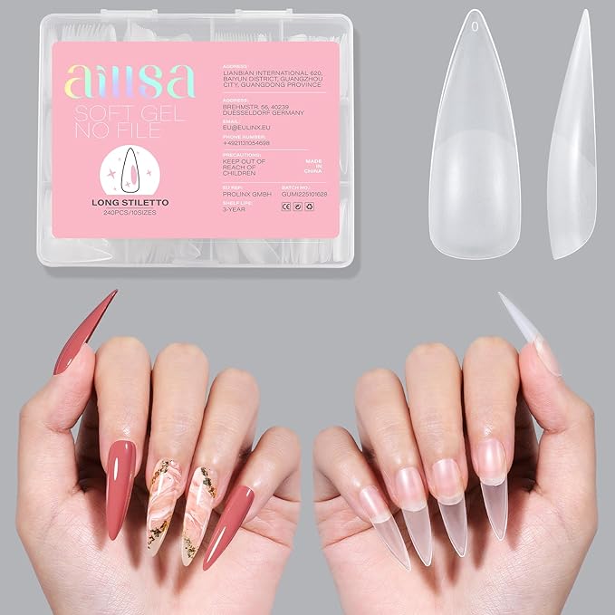 AILLSA Long Stiletto Nail Tips - Upgraded Matte Gel Full Cover Nails Tips No Filed, 240Pcs Pre-shaped Gelly Tips Acrylic Clear False Press On Soft Nail Tip for Soak Off Nail Extension 10 Sizes