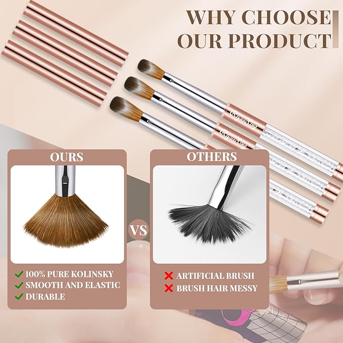3PCS Kolinsky Hair Acrylic Nail Brush Set, Size 6/10/12, Oval Crimped Pressed Shaped, Golden Metal Handle, Professional Manicure for DIY Home Salon