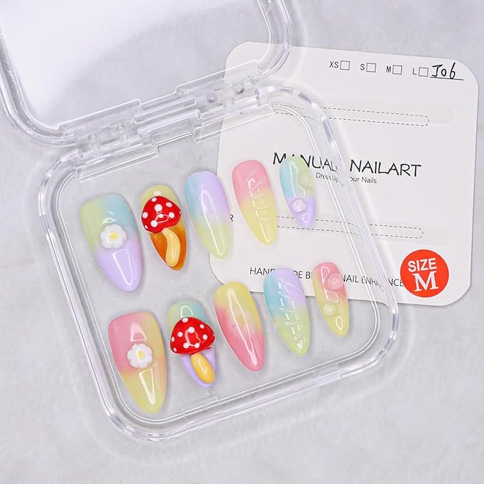Handmade Press on Nails Almond False Nails Colorful Gradient False Nails with 3D Mushroom Daisy Designs Cute Medium Fake Nails Thick and Muti-Layer Gel Acrylic Nails for Women (Size M)