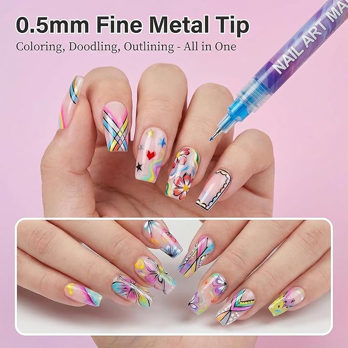 12 Colors Nail Art Pen Set - Quick Dry Nail Polish Markers with Fine Tip, 3D Painting Liner & Dotting Brush for DIY Salon Manicure, Professional Nail Art Kit Gift for Adults Beginners (2026 New)