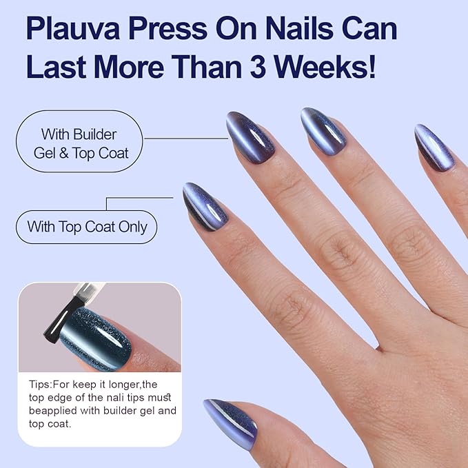 300Pcs Cat Eye Press on Nails Medium Almond, Plauva Soft Gel Fake Nails, Glossy Glitter Cat Eye Nail Tips for Women and Girls Stick On Nails in 15 Sizes