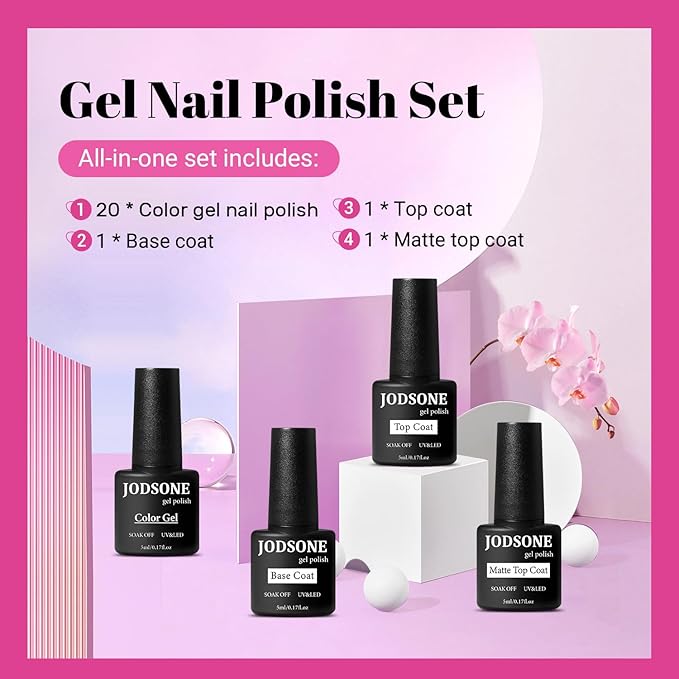 JODSONE 23 PCS Glitter Gel Polish with Soak off Base Coat Matte and Glossy Top Coat Glitter 2026 Valentine's Day Red Pink Color High Shine and Fashion Gel Nail Polish Kit