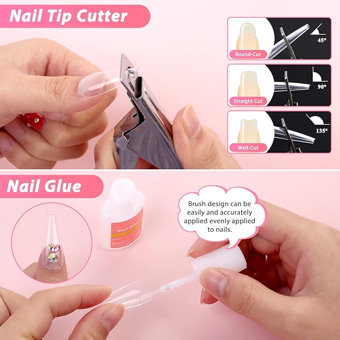 600PCS Clear Coffin Nail Tips Set Qinzave Clear Acrylic Nail Tips with Nail Glue Coffin Nails Full Cover with Nail Display Stand, Cuticle Nail Pusher Remover, Nail Files Buffer