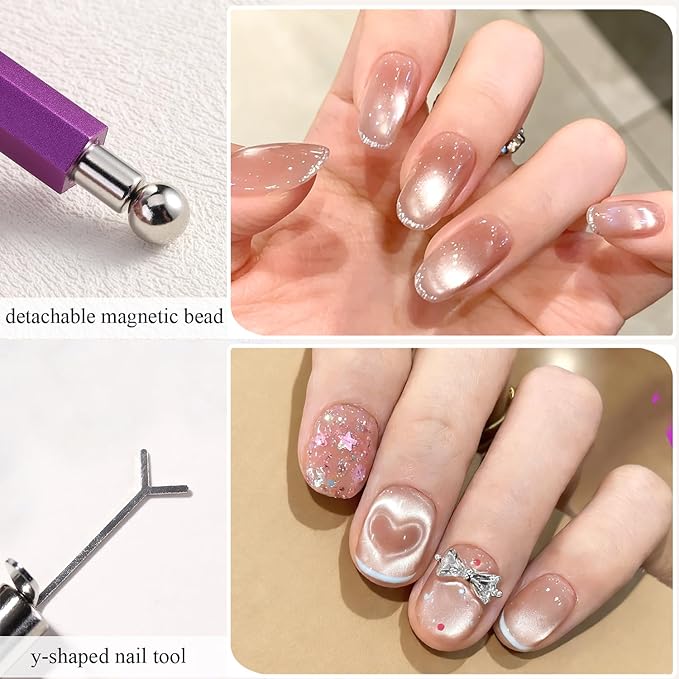 3-in-1 Cat Eye Nail Magnet Tool with Heart Magnet, Double-Ended Cylindrical & Ball Magnets for Cat Eye Gel Polish Glass Bead Nail Effects Manicure Supplies imanes para uñas (Purple)